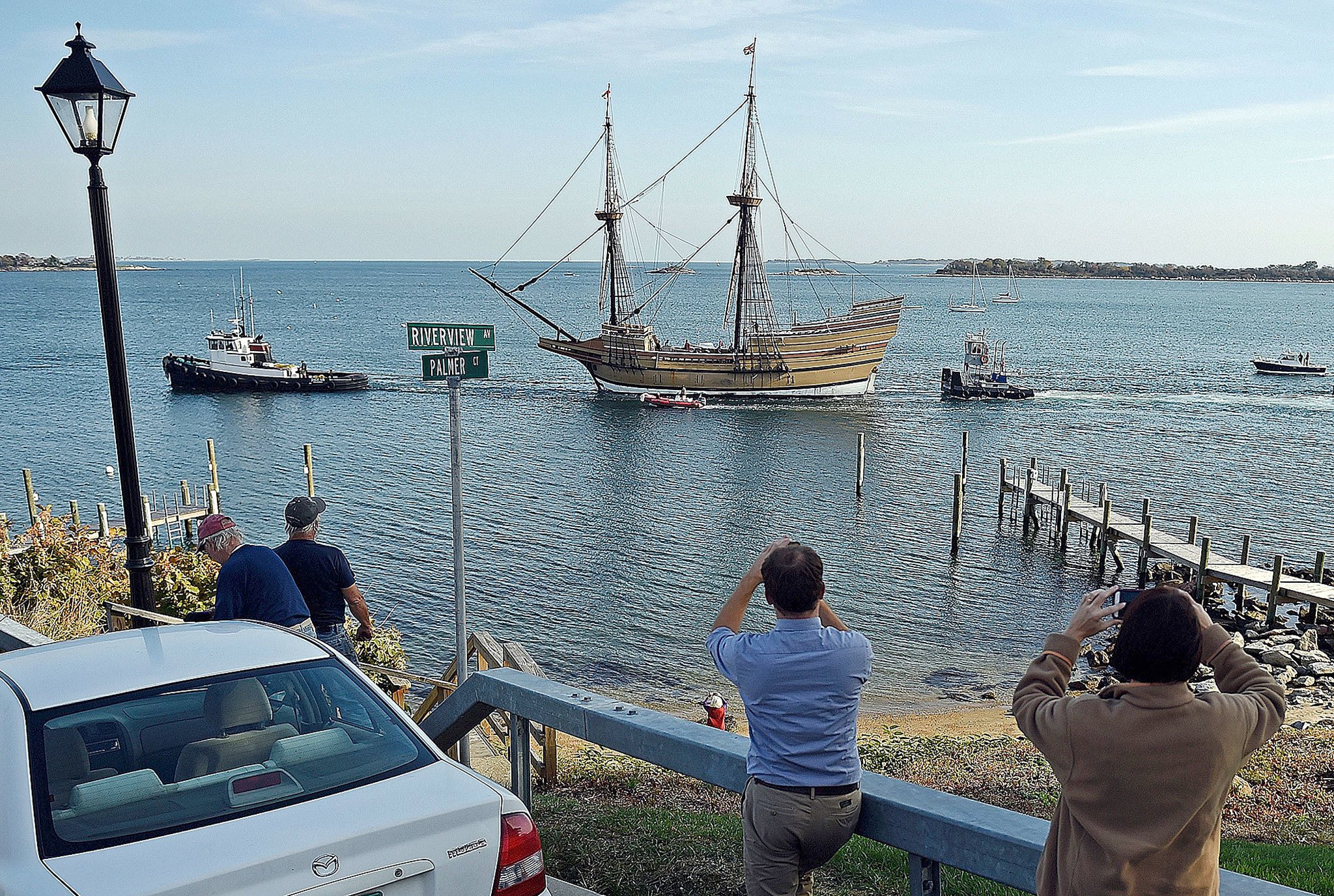 The Mayflower II enters the Mystic River en route to Mystic Seaport on Nov. 2. (Sean Elliot/The Day)