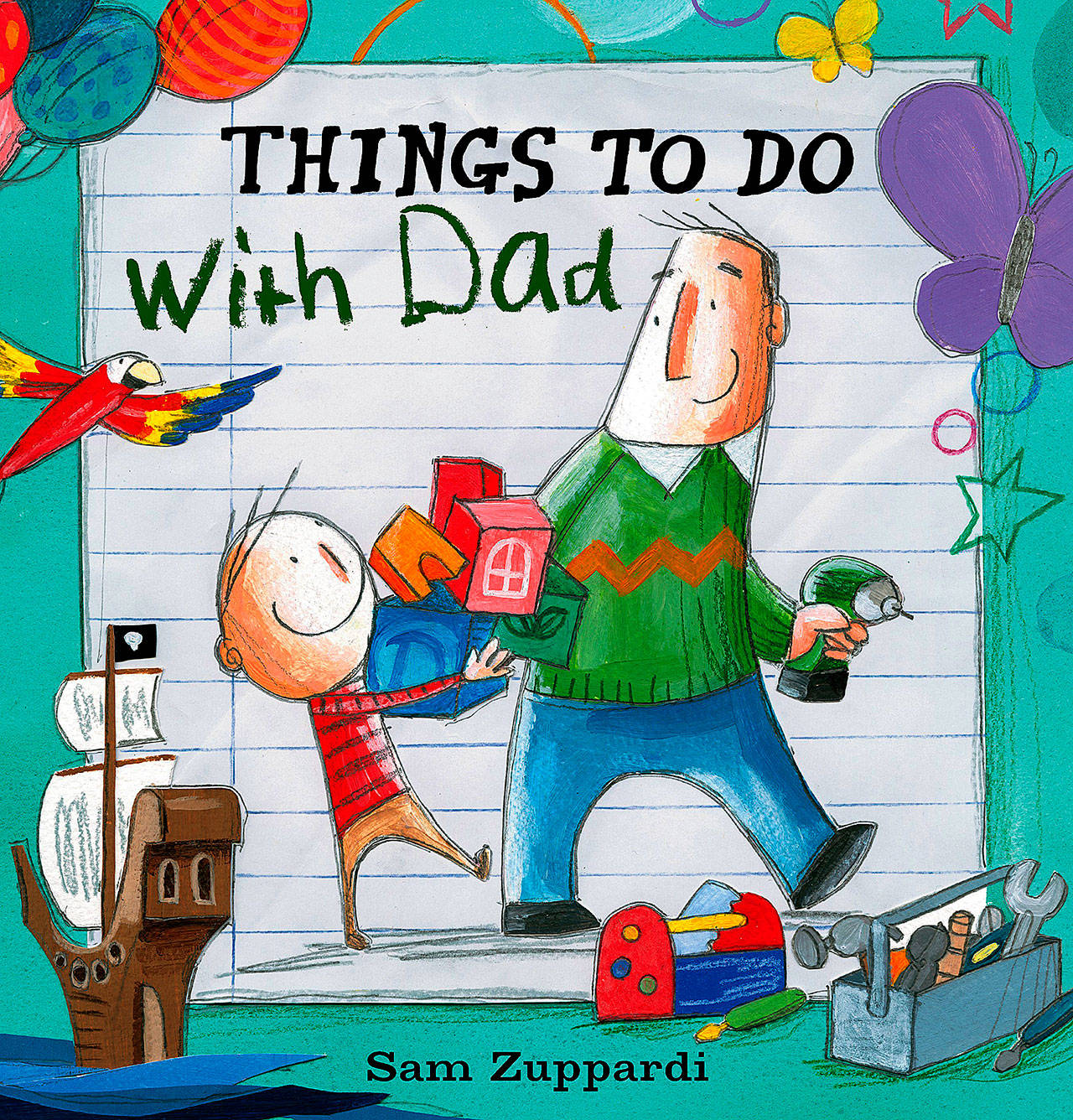 Bright and breezy watercolor-and-pencil illustrations are a highlight of “Things to Do With Dad.” (Candlewick Press)