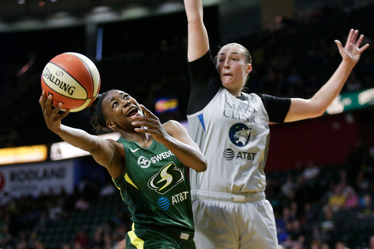 The Seattle Storm’s Jewell Loyd leans out for a shot as the Storm took on the Minnesota Lynx at Angel of the Winds Arena on Tuesday, June 4, 2019 in Everett, Wash. (Andy Bronson / The Herald)