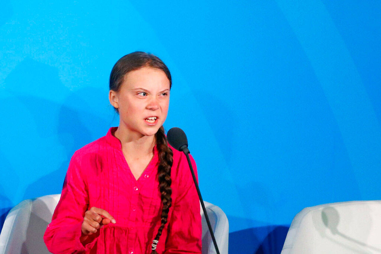 Swedish environmental activist Greta Thunberg addresses the Climate Action Summit in the United Nations General Assembly, at U.N. headquarters, Monday, in New York City. (Jason DeCrow/Associated Press)