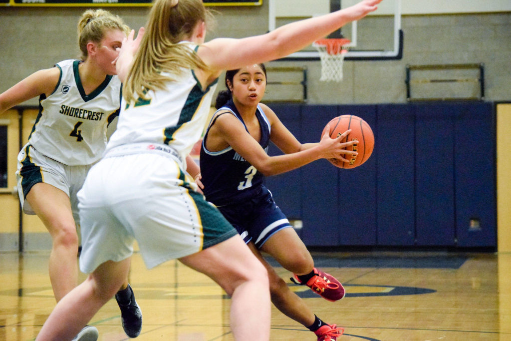 Meadowdale’s Jenaly Gabriel attempts a layup against Shorecrest on Thursday, Jan. 30 at Shorecrest High School in Shoreline. (Katie Webber / The Herald)
