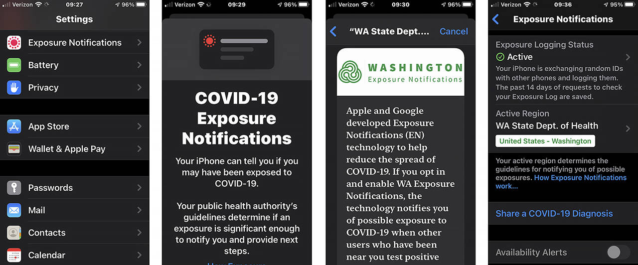 This series of screenshots taken from an iPhone with COVID-19 exposure notifications turned on for Washington state shows some of the information presented to iPhone users who are considering opting in to a new statewide coronavirus exposure notification program that was launched Monday. (AP Photo/Ted S. Warren)