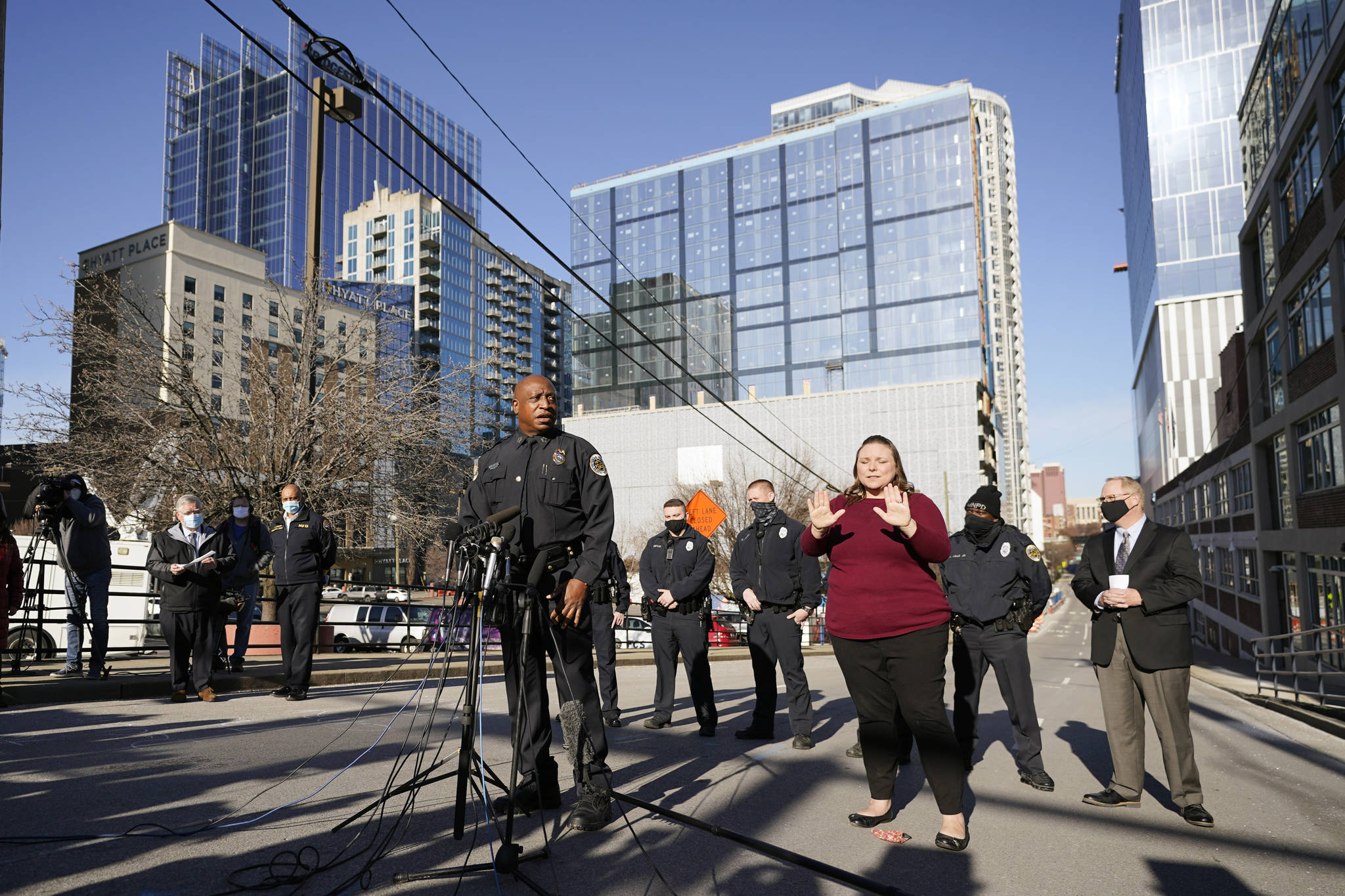 Nashville Chief of Police John Drake speaks at a news conference Sunday, Dec. 27, 2020, in Nashville, Tenn. Drake spoke before five officers told what they experienced when an explosion took place in downtown Nashville early Christmas morning. The officers are part of a group of six officers credited with evacuating people before the explosion happened. (AP Photo/Mark Humphrey)