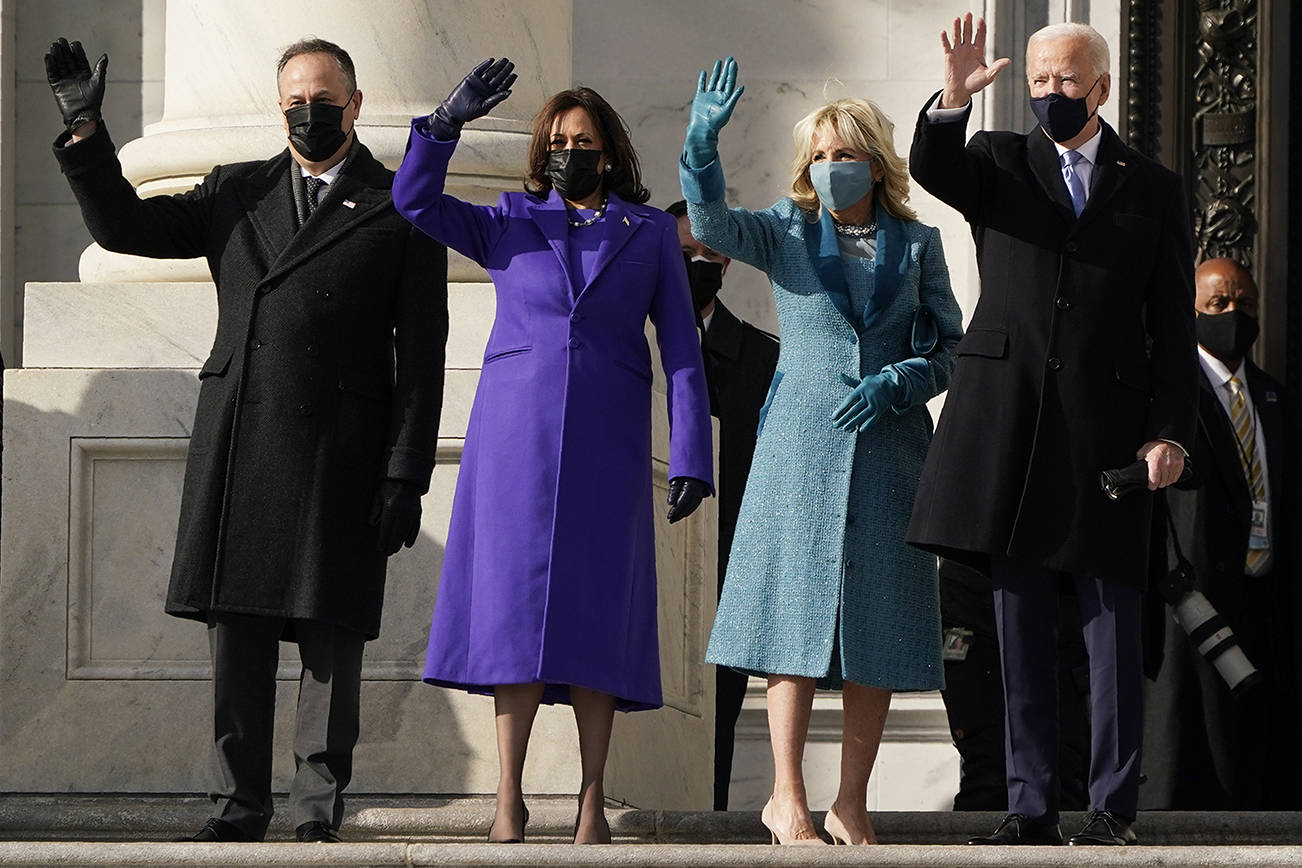 President-elect Joe Biden, his wife Jill Biden and Vice President-elect Kamala Harris and her husband Doug Emhoff arrive at the steps of the U.S. Capitol for the start of the official inauguration ceremonies, in Washington, Wednesday, Jan. 20, 2021. (AP Photo/J. Scott Applewhite)