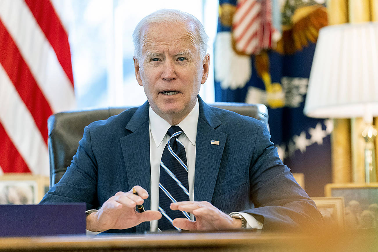 President Joe Biden speaks before signing the American Rescue Plan, a coronavirus relief package, in the Oval Office of the White House, Thursday, March 11, 2021, in Washington. (AP Photo/Andrew Harnik)