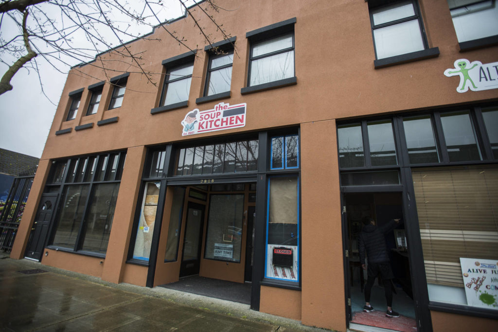 The soon-to-open No Soup For You! kitchen and Alive Juice Bar on Wednesday in Everett. It still bore a sign of the original name, The Soup Nazi Kitchen. (Olivia Vanni / The Herald) 
