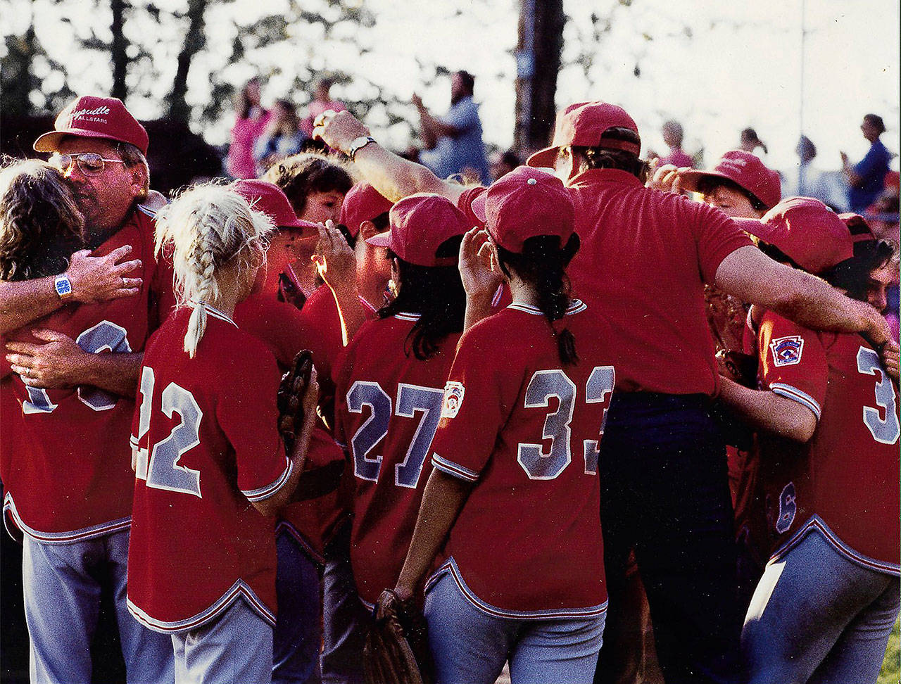 The Marysville All-Starts Little League softball team celebrates after winning a regional championshop that sent them to the Little League Softball World Series in fall of 2019. (Courtesy Marysville All-Stars)