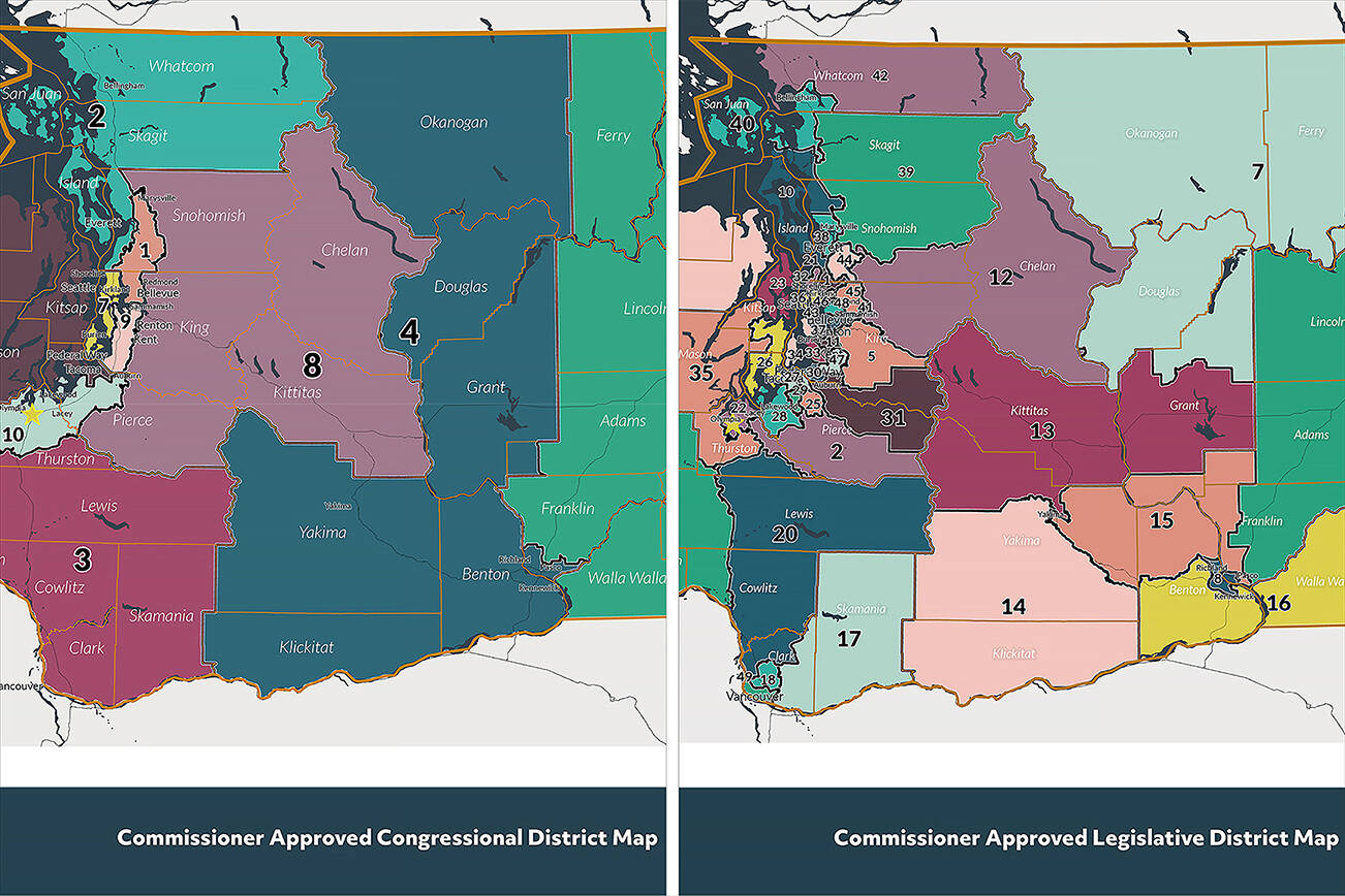 Approved Congressional (left) and Legislative (right) District maps. (Washington State Redistricting Commission)