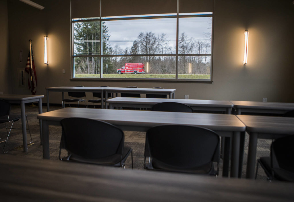 A large conference room and staging area at the new Snohomish County Fire District 5 station in Sultan. (Olivia Vanni / The Herald)
