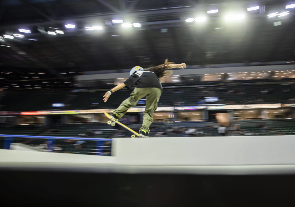 Funa Nakayama warms up before the start of the Street League Skateboarding women’s final on Sunday, Aug. 14, 2022 in Everett, Washington. (Olivia Vanni / The Herald)
