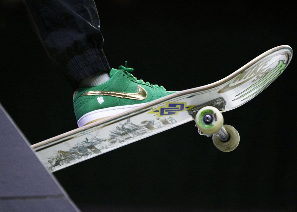 Rayssa Leal of Brazil waits to drop in during the Street League Skateboarding women’s final on Sunday, Aug. 14, 2022 in Everett, Washington. (Olivia Vanni / The Herald)
