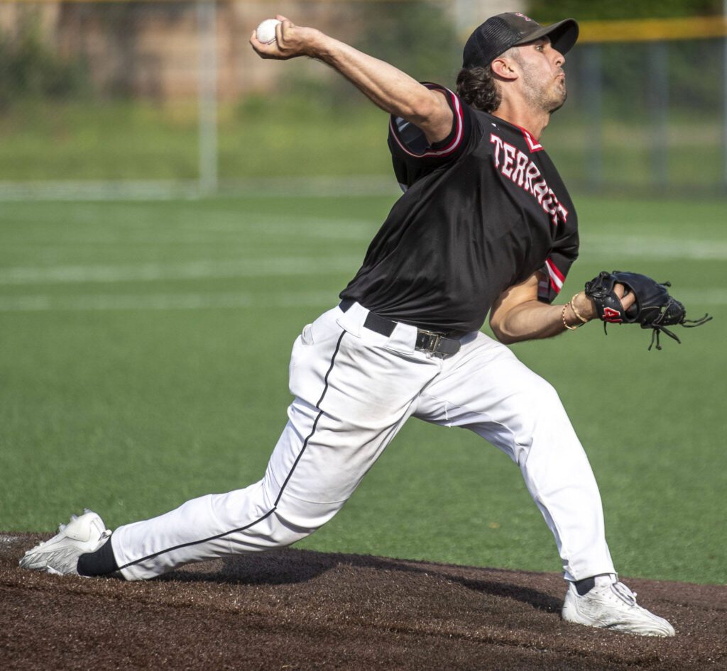 Mountlake Terrace’s Jack Glover (34) pitches during a game between Mountlake Terrace and Auburn Riverside in Mountlake Terrace, Washington on Tuesday, May 16, 2023. Mountlake Terrace won, 13-3. (Annie Barker / The Herald)
