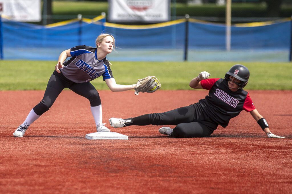 A Snohomish player slides during a game between Snohomish and Walla Walla at the Lacey-Thurston County Regional Athletic Complex in Olympia, Washington on Saturday, May 27, 2023. Snohomish won, 7-3. (Annie Barker / The Herald)
