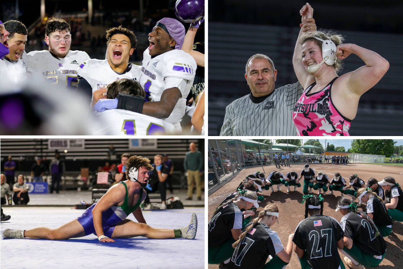 Members of the Lake Stevens football team (top left), Marysville Pilchuck's Alivia White (top right), Shorewood's Hunter Tibodeau (bottom left), and the Jackson softball team all won state championships during the 2022-23 school year. (Herald file photos)