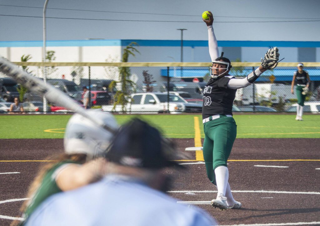 Jackson’s Yanina Sherwood pitches during the game against Skyline on Wednesday, May 17, 2023 in Everett, Washington. (Olivia Vanni / The Herald)
