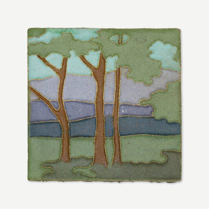 Van Briggle pottery is known for its abstract nature themes and the colors of its matte glazes. This tile provides a showcase for both.