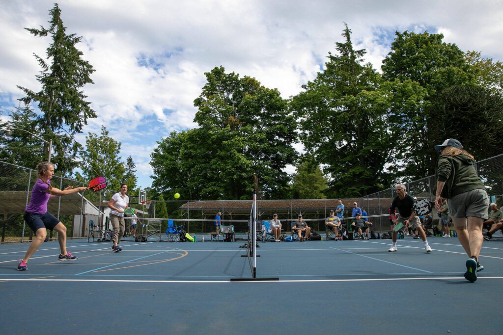 People pack the courts while playing pickleball at Forest Park on Wednesday in Everett. (Ryan Berry / The Herald)
