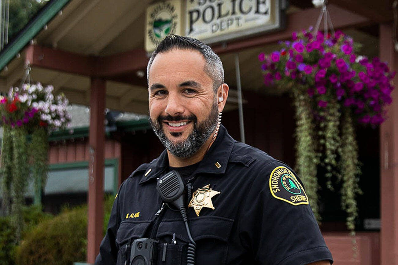 Lt. Nathan Alanis, the new Snohomish police chief, outside of the Sultan Police Department on Monday, Aug. 28, 2023, in Sultan, Washington. (Olivia Vanni / The Herald)