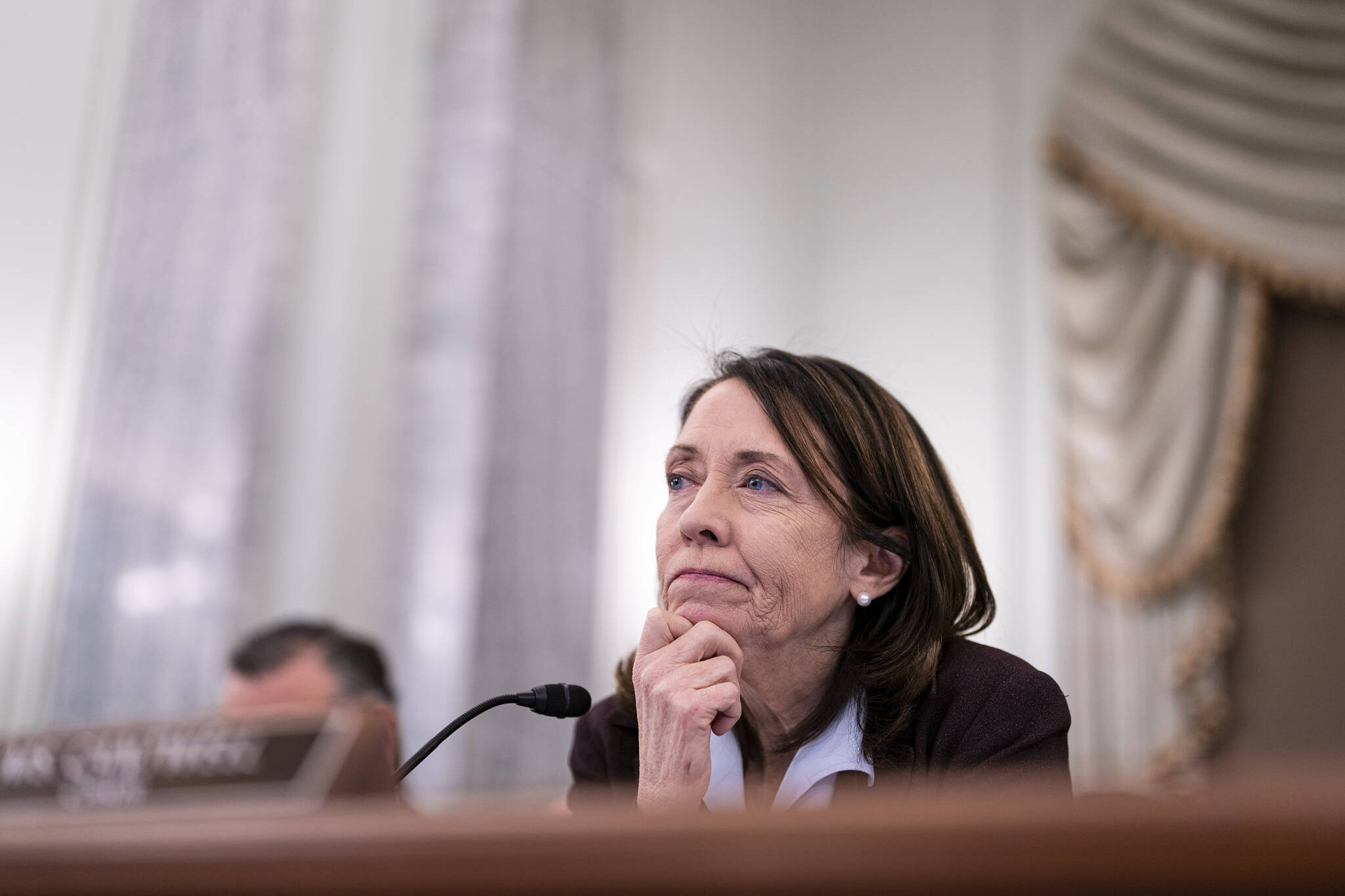 Sen. Maria Cantwell during a hearing in Washington, DC, on Feb. 9. (Al Drago / Bloomberg)