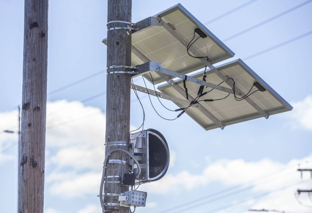 A new speed camera set up near Horizon Elementary on Wednesday, May 8, 2024 in Everett, Washington. (Olivia Vanni / The Herald)
