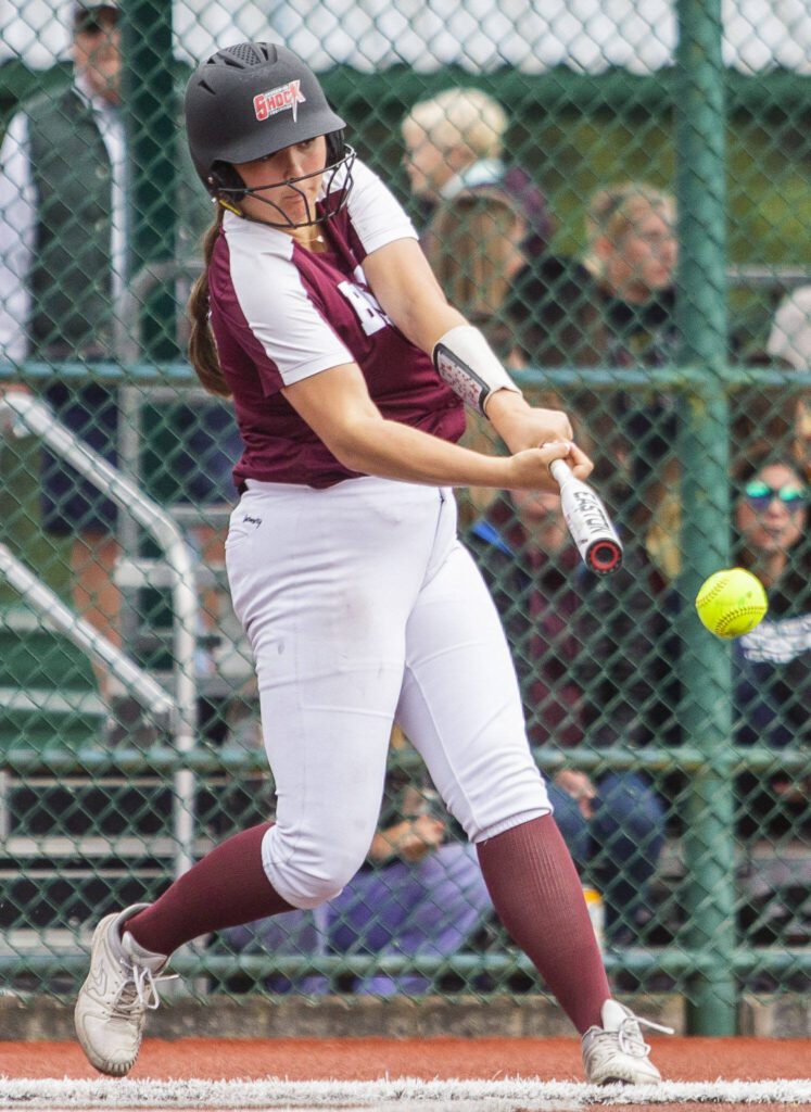 Cascade’s Mia Walker gets a hit during the 3A state softball tournament game against Gig Harbor on Thursday, May 23, 2024 in Lacey, Washington. (Olivia Vanni / The Herald)
