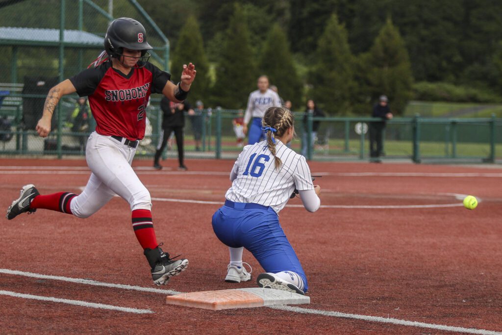Snohomish’s Zoey Lynch (29) runs to first during a 3A softball game between Snohomish and Seattle Prep at the regional athletic complex in Lacey, Washington on Friday, May 24, 2024. Snohomish won, 8-0. (Annie Barker / The Herald)
