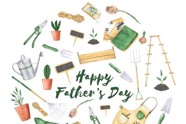 Happy Father's Day greeting card for a gardener father. Garden tools in a round shape. Watercolor gardening tools with the sign "Happy Father's Day". Hand-drawn garden clipart.
