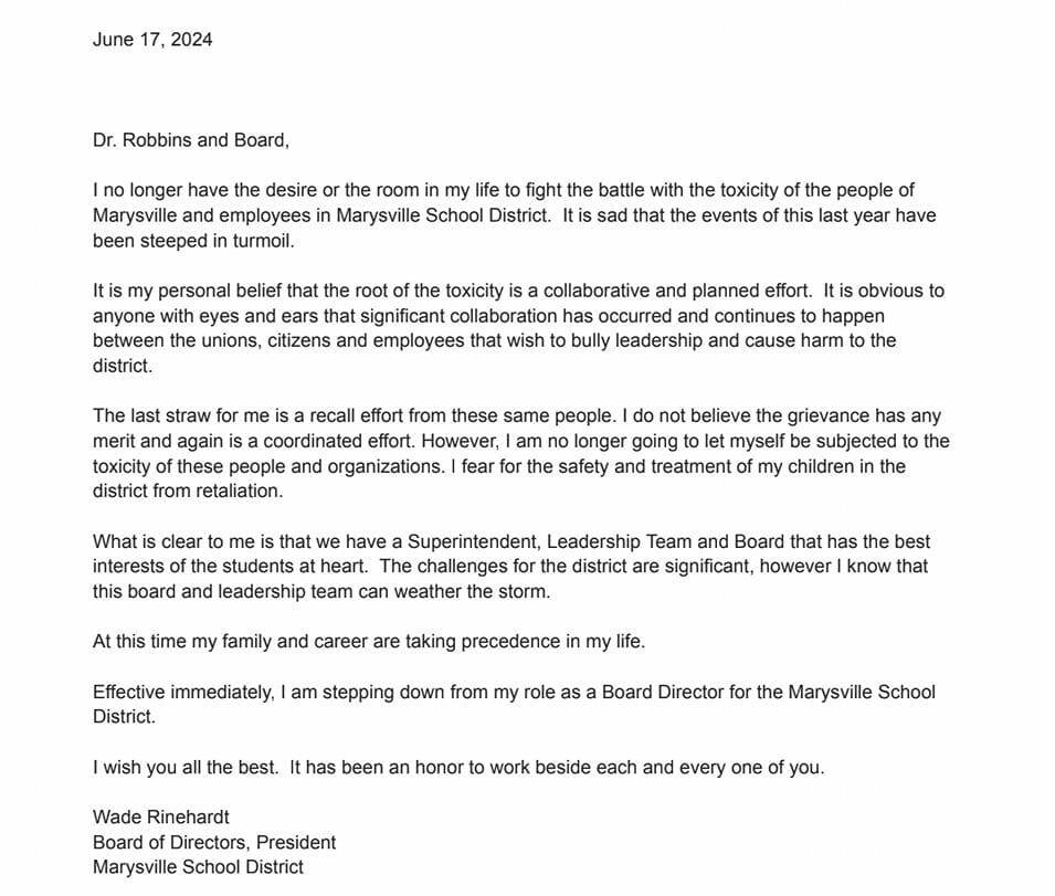 Wade Rinehardt’s letter of resignation.
