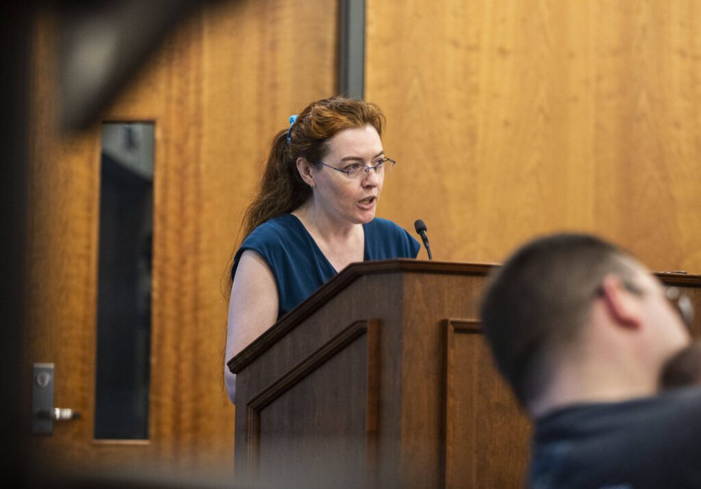 Caera Gramore, the acting president of Arlington Pride, speaks during an Arlington City Council meeting on Monday, July 3, 2023, in Arlington, Washington. (Olivia Vanni / The Herald)
