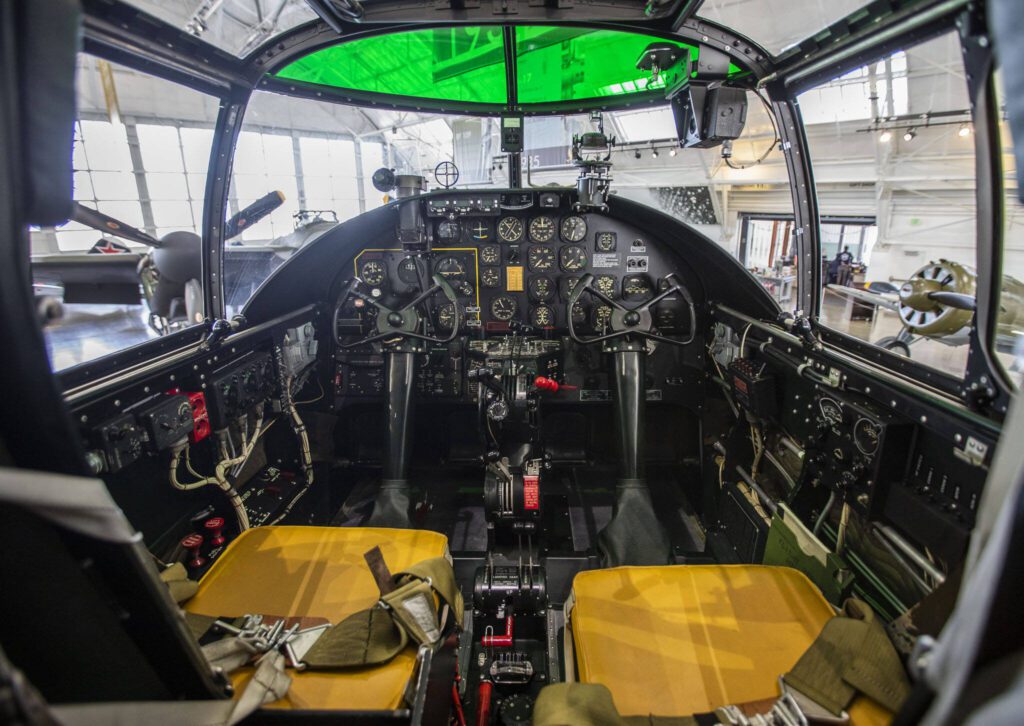 Inside the cockpit of a North American B-25J Mitchell at the Flying Heritage & Combat Armor Museum on Friday, March 29, 2024 in Everett, Washington. (Olivia Vanni / The Herald)
