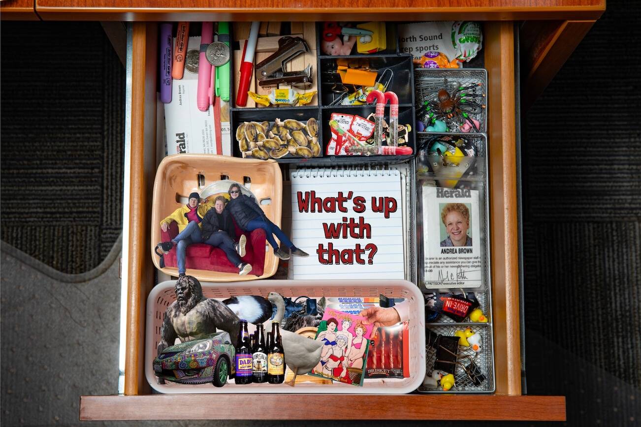 A photo illustration of iconic Herald reporter Andrea Brown's "What's Up With That?" junk drawer. (Kate Erickson & Ryan Berry / The Herald)