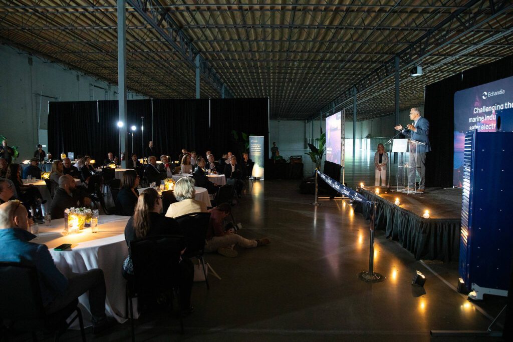 Gov. Jay Inslee speaks to a crowd during a grand opening ceremony for Sweden-based Echandia on Tuesday, July 30, 2024, in Marysville, Washington. (Ryan Berry / The Herald)
