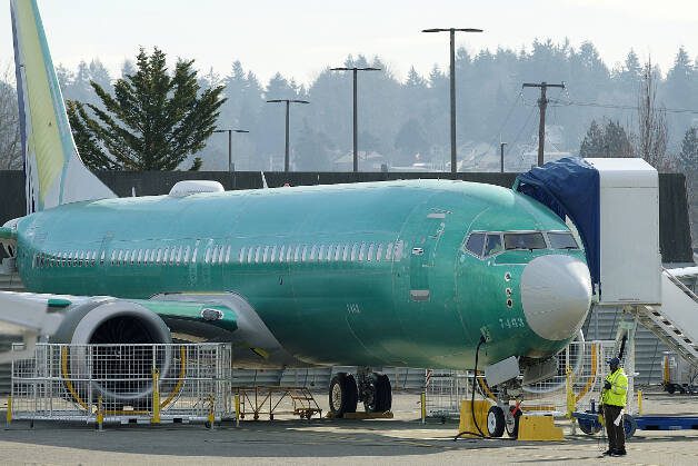 A Boeing 737 MAX 9 airplane test its engines outside of the company’s factory in 2019, in Renton. (Stephen Brashear/Getty Images/TNS)