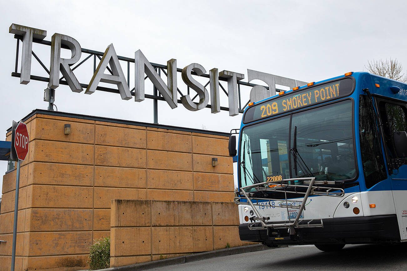 Community Transit’s 209 bus departs from the Lake Stevens Transit Center at 4th St NE and Highway 9 on Thursday, April 20, 2023, in Lake Stevens, Washington. (Ryan Berry / The Herald)