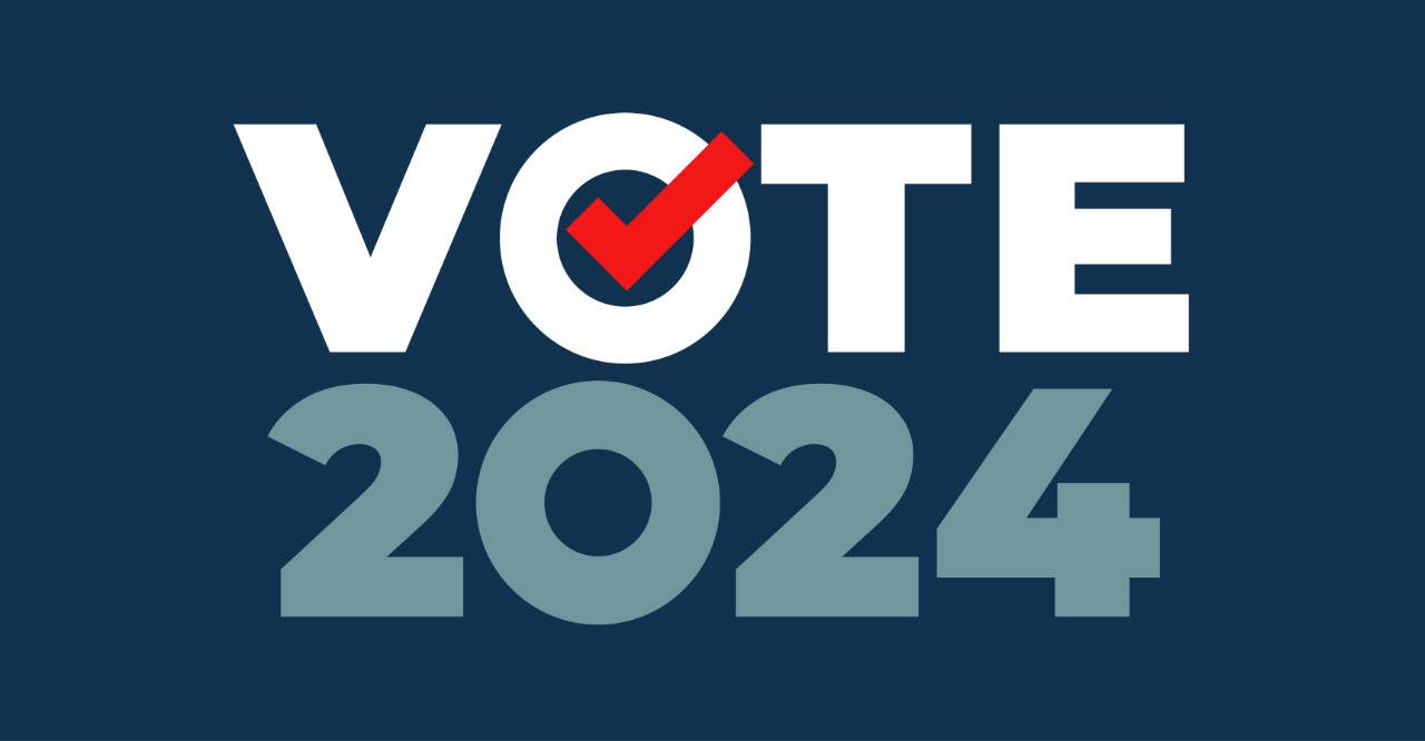 Vote 2024. US American presidential election 2024. Vote inscription, badge, sticker. Presidential election banner Vote 2024, poster, sign. Political election campaign symbol. Vector Illustration