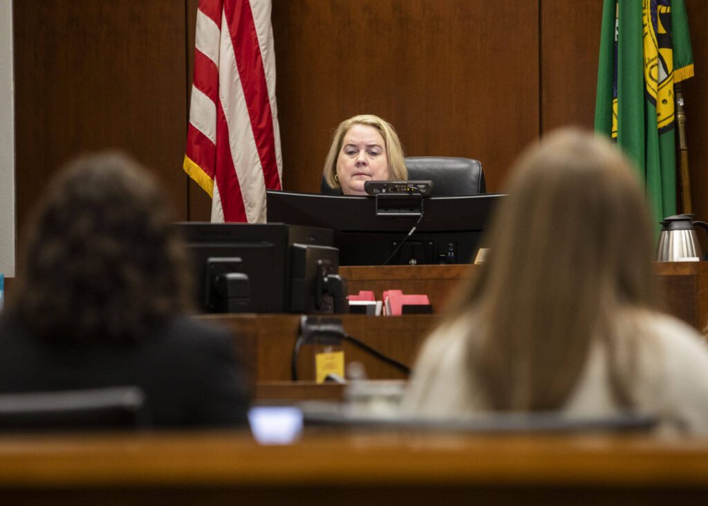 Judge Millie M. Judge takes the bench before the start of jury selection for Christian Sayre’s trial at the Snohomish County Courthouse on Tuesday, Sept. 24, 2024 in Everett, Washington. (Olivia Vanni / The Herald)
