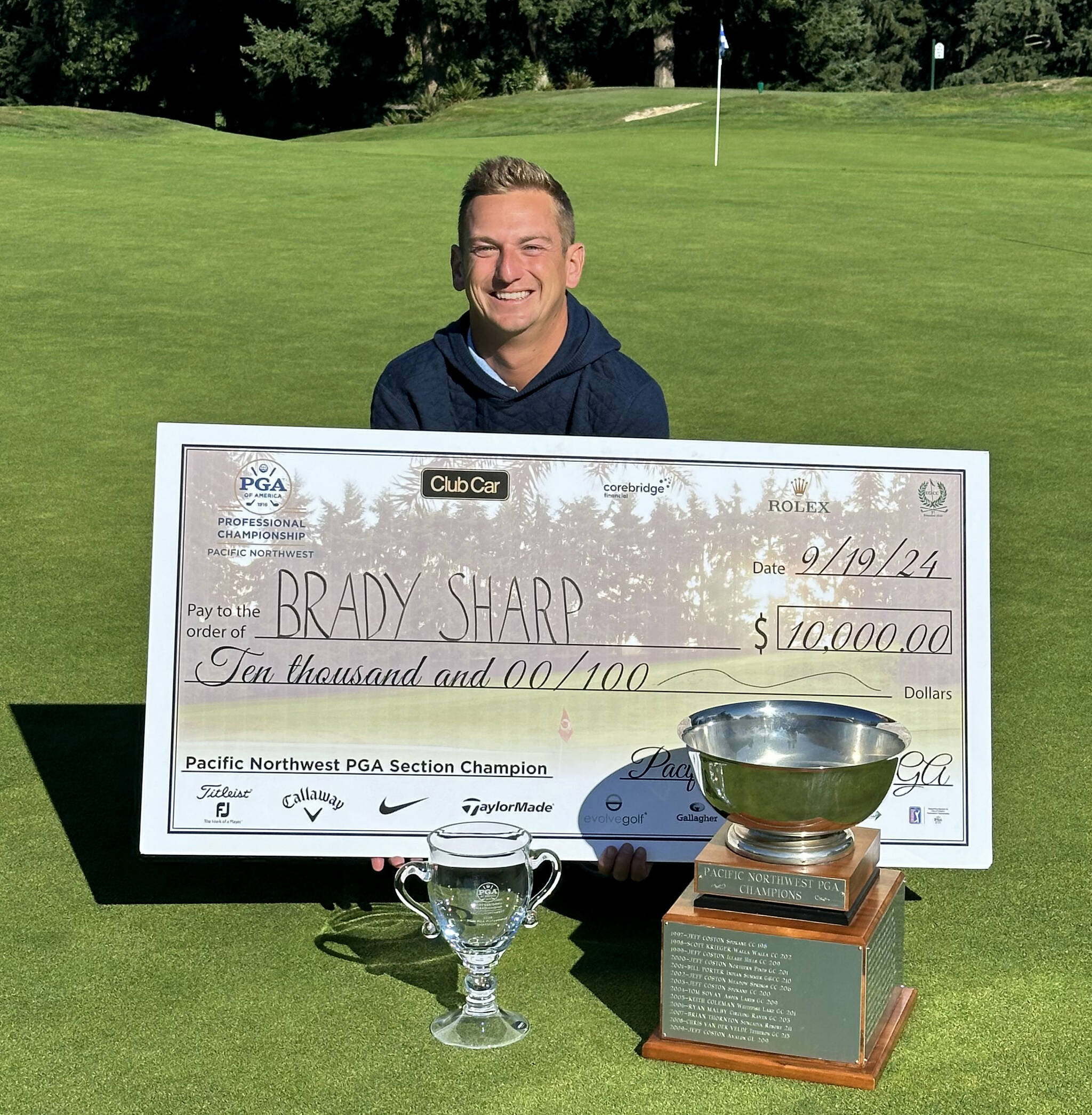 Oswego Lake Country Club assistant golf professional Brady Sharp won the 2024 PNW PGA Championship by three strokes on Sept. 19, 2024. Sharp finished with a 14-under-202 and banked a $10,000 purse. (Photo courtesy of Molly Cooper, Pacific NW Section PGA senior director, tournament and member services)