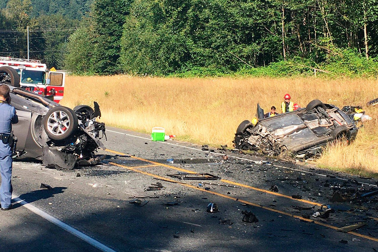 Two vehicles rolled over on Aug. 15, 2020, on Highway 522. (Snohomish County Fire District 7)