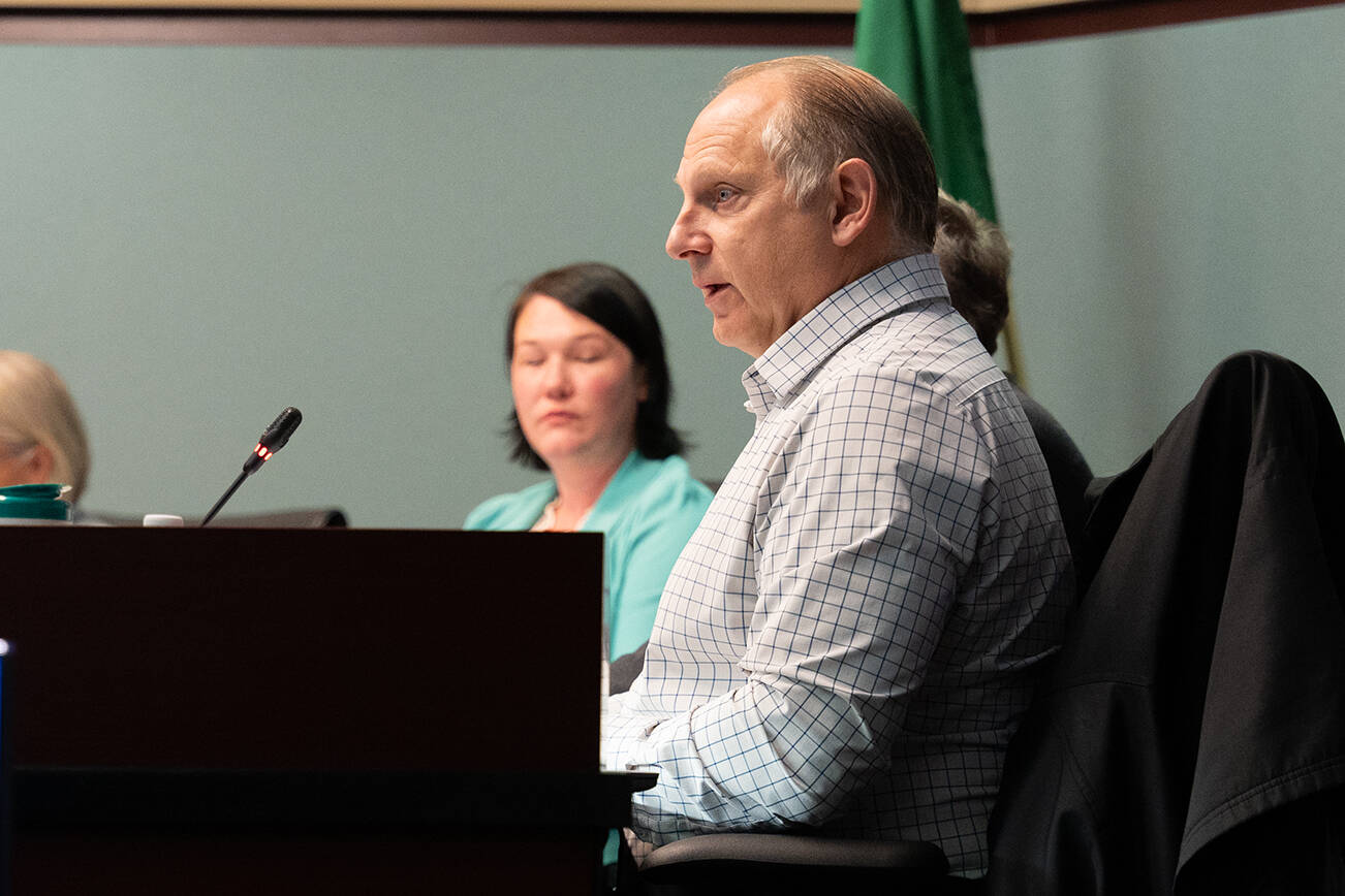 Everett City Council President Don Schwab speaks at Wednesday's budget meeting in Everett, Washington. (Will Geschke / The Herald)