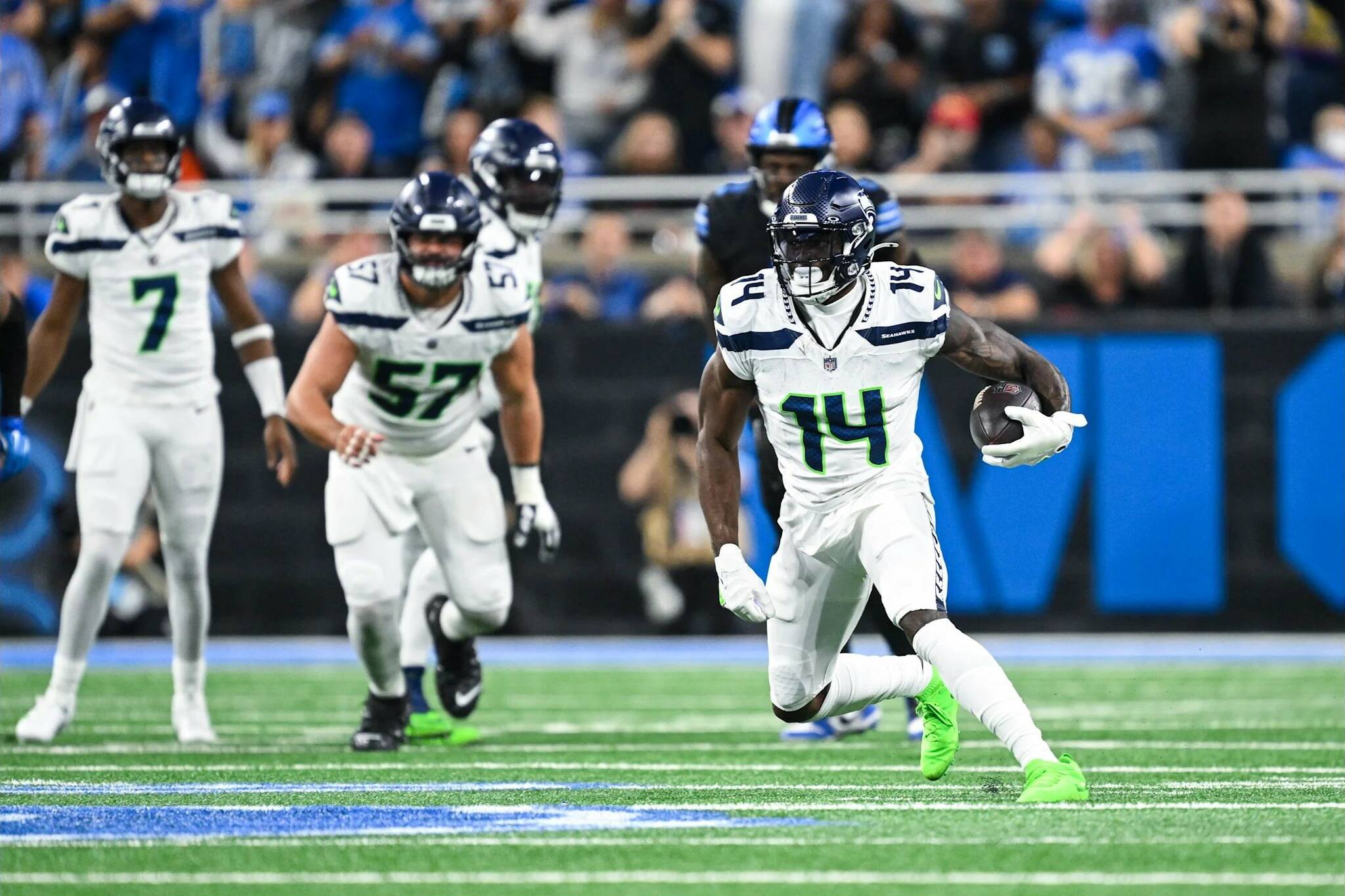 Seahawks receiver DK Metcalf (14) runs after a catch against the Detroit Lions at Ford Field on Monday, Sept. 30, 2024. (Photo courtesy of the Seattle Seahawks)