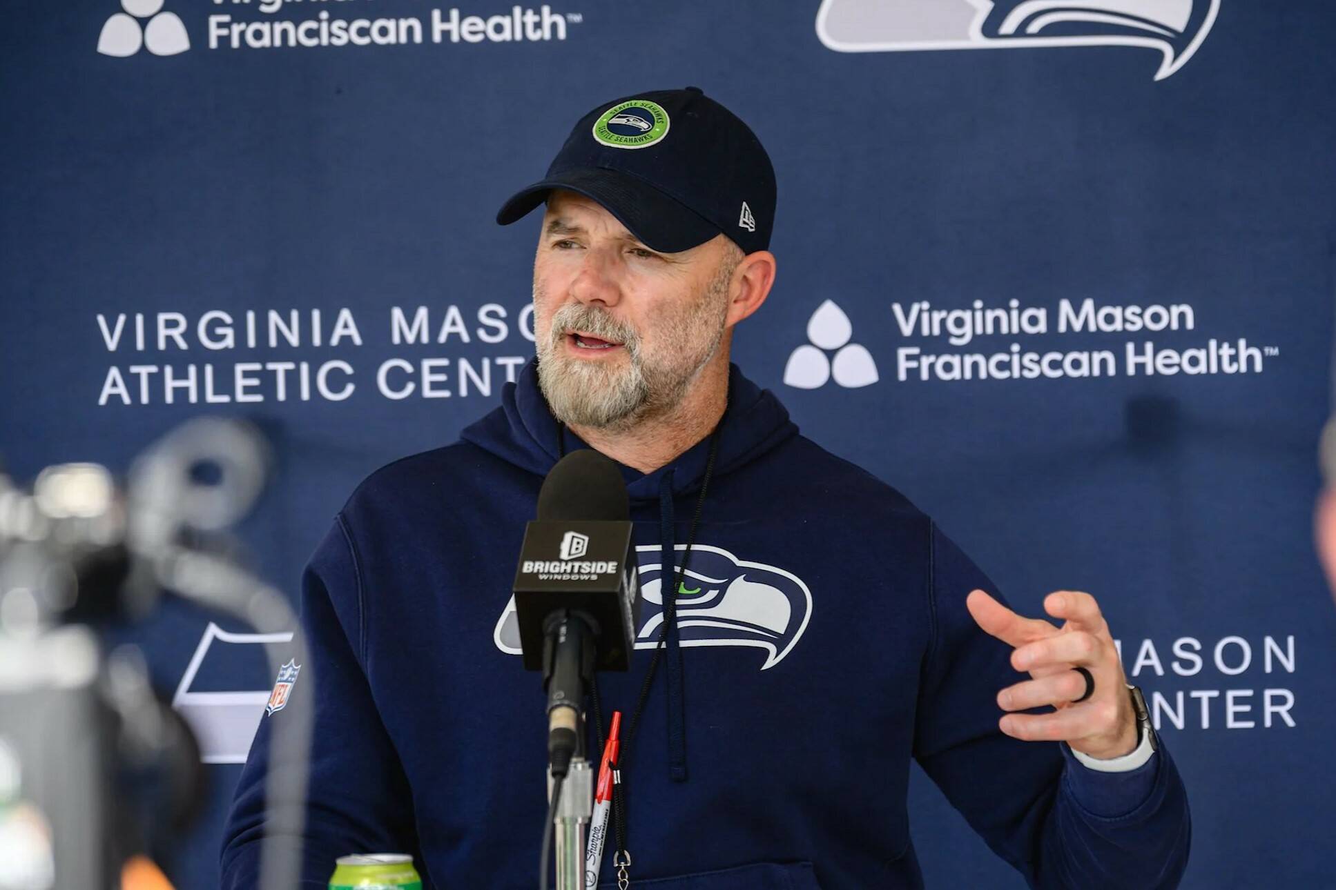 Seahawks offensive coordinator Ryan Grubb speaks with the media at the Virginia Mason Athletic Center on Tuesday, Oct. 8, 2024. (Photo courtesy of Edwin Hooper / Seattle Seahawks)