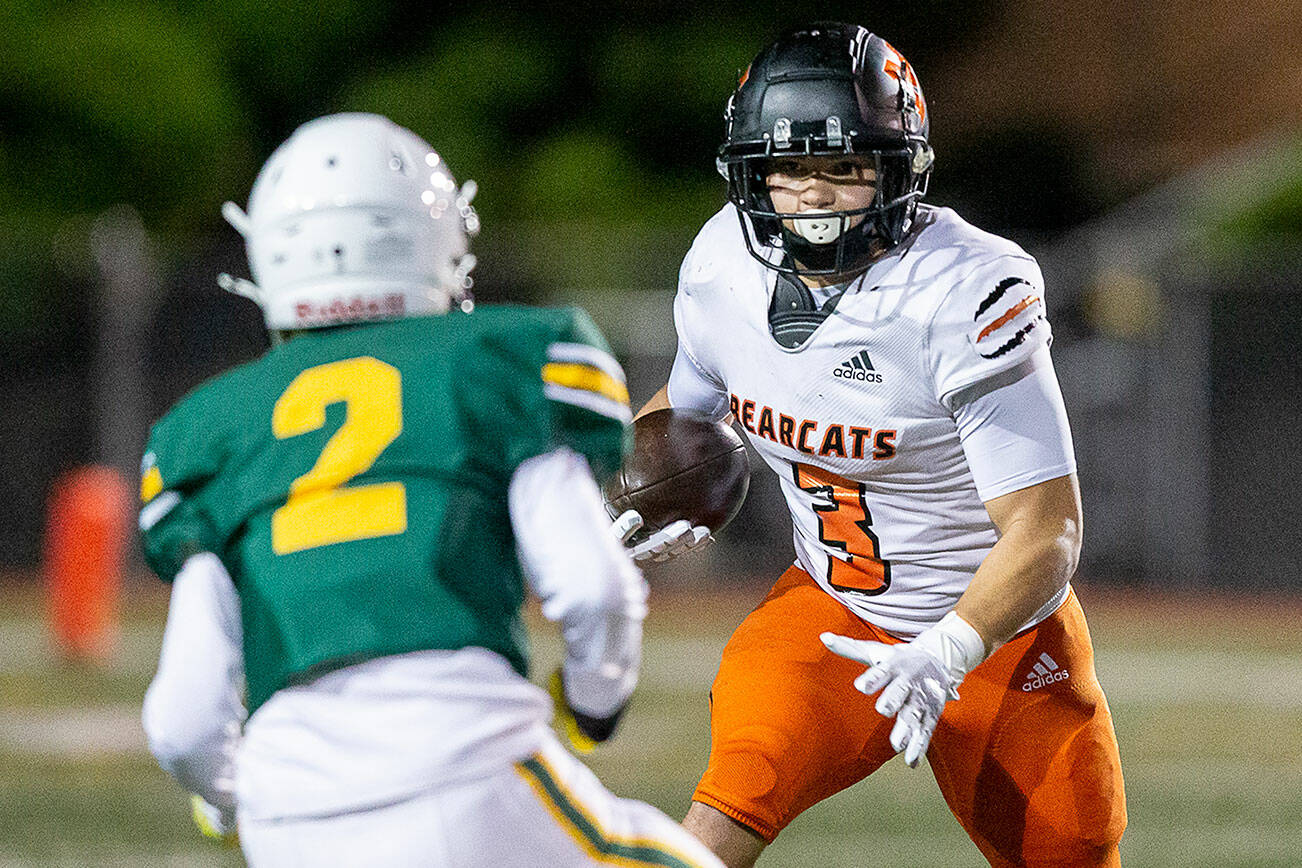 Monroe’s Aaron Clifton runs the ball during the game against Shorecrest on Friday, Oct. 18, 2024 in Shoreline, Washington. (Olivia Vanni / The Herald)