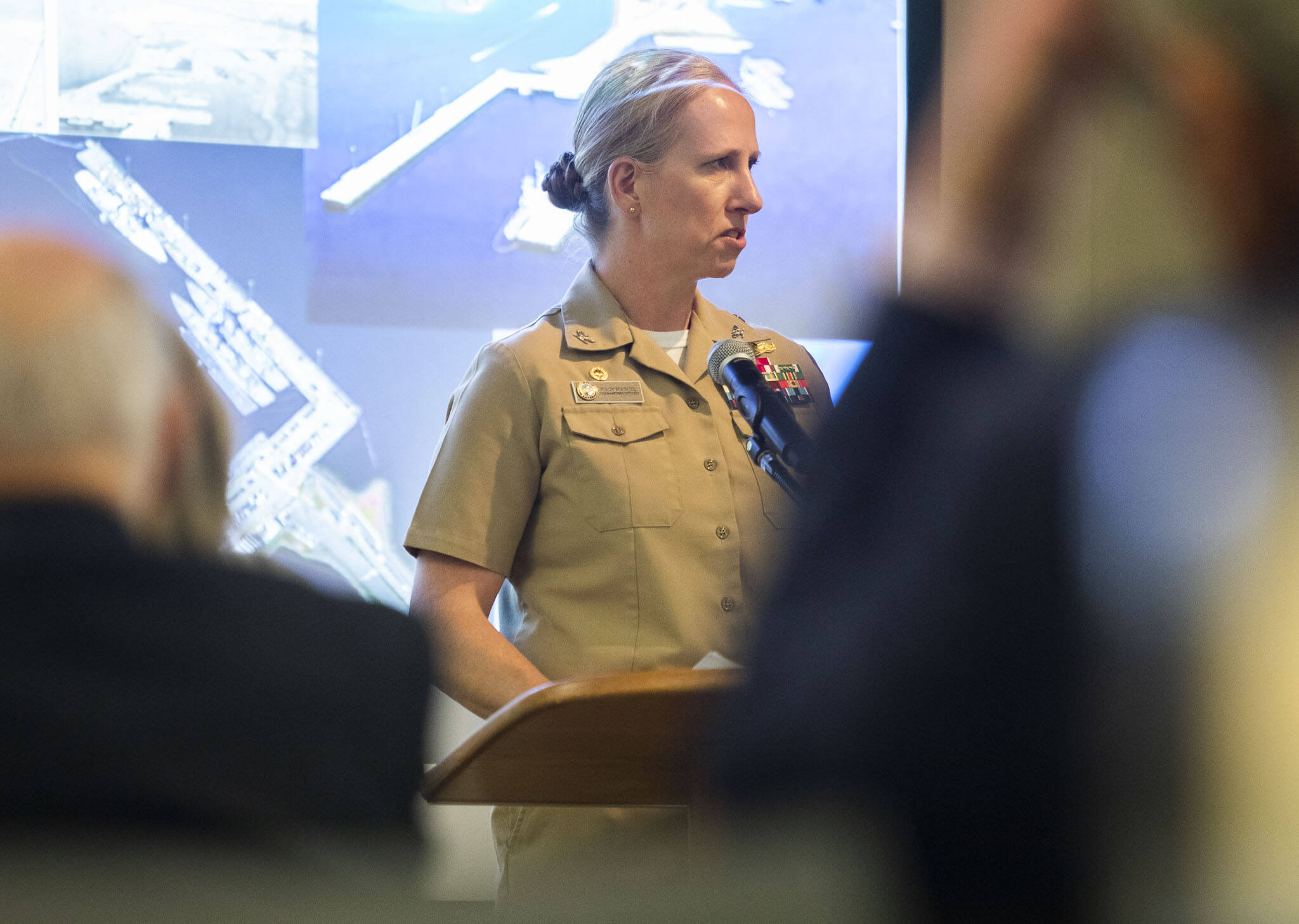 Naval Station Everett Commanding Officer Captain Stacy Wuthier speaks at the State of the Station event on Wednesday, Oct. 23, 2024 in Everett, Washington. (Olivia Vanni / The Herald)