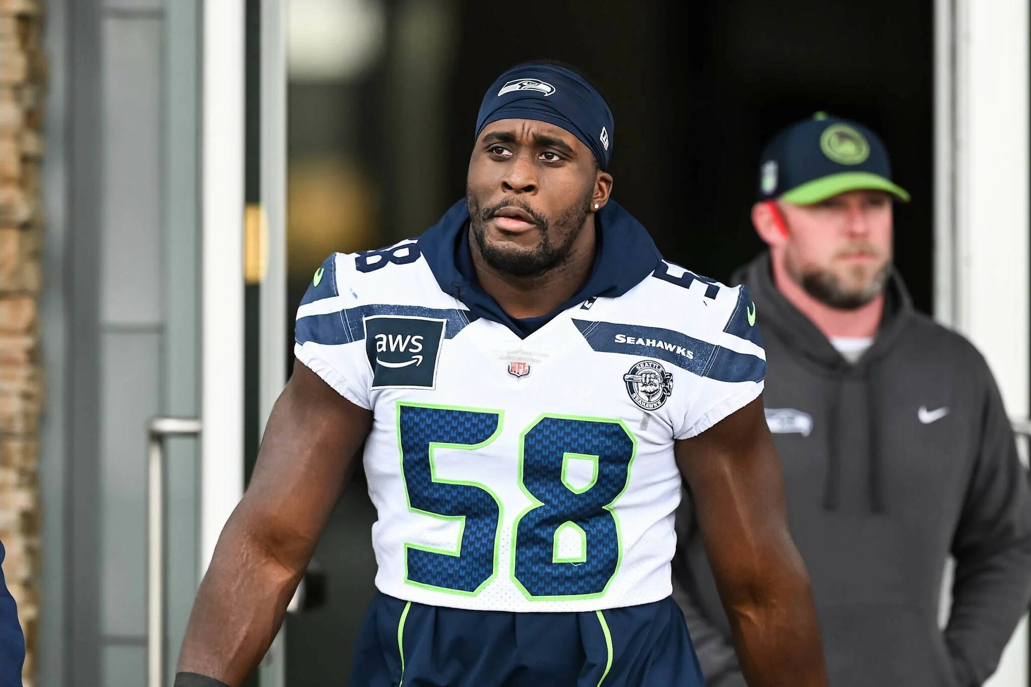 Seahawks linebacker Derick Hall walks toward the practice field at the Virginia Mason Athletic Center in Renton on Oct. 31, 2024. (Photo courtesy of Rod Mar / Seattle Seahawks)