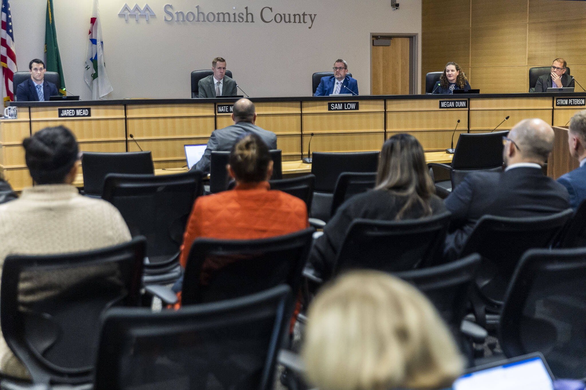 The Snohomish County Council listens to George Skiles talk about his findings in an audit of the Snohomish County Executive Office on Wednesday, Nov. 13, 2024 in Everett, Washington. (Olivia Vanni / The Herald)