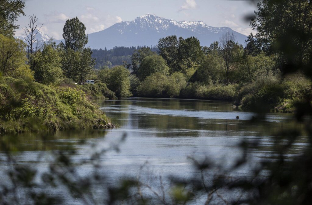 Snow is visible along the top of Mount Pilchuck from bank of the Snohomish River near Rotary Park in 2023 in Everett. (Olivia Vanni / The Herald)
