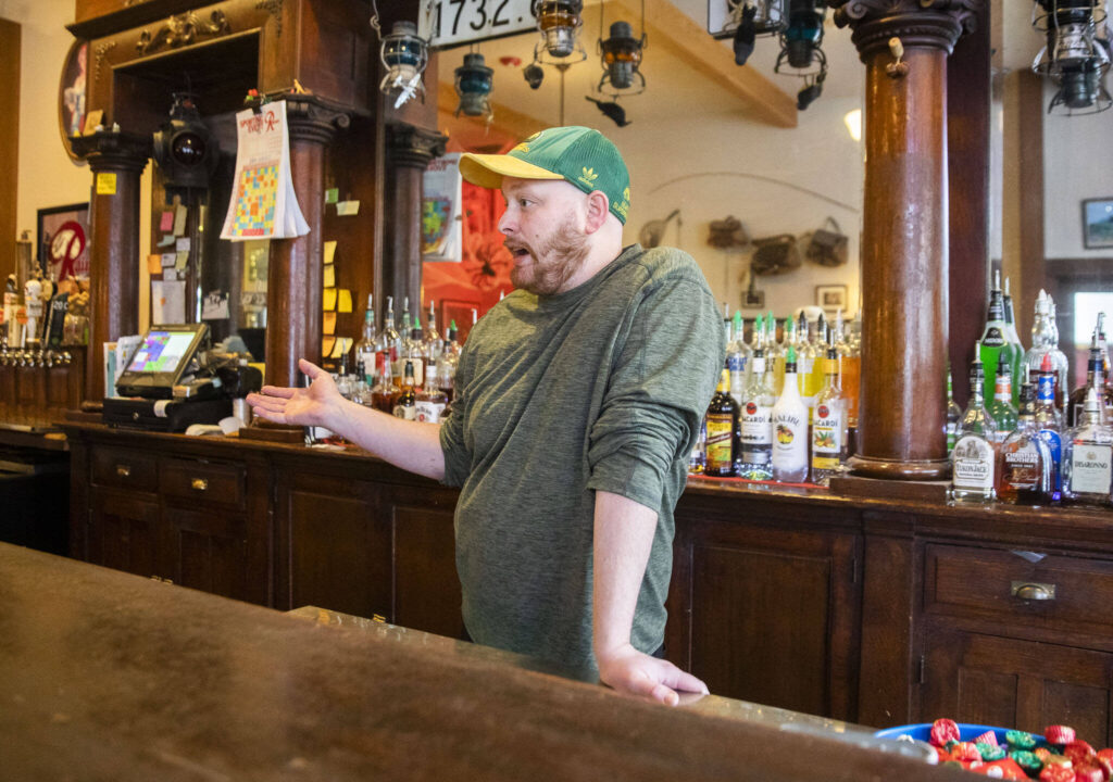 Blaine Brown, owner of the Whistling Post Saloon and a longtime resident who was raised in Skykomish, talks about the noticeable increase in power outages over the past few years on Monday, Nov. 4, 2024 in Skykomish, Washington. (Olivia Vanni / The Herald)
