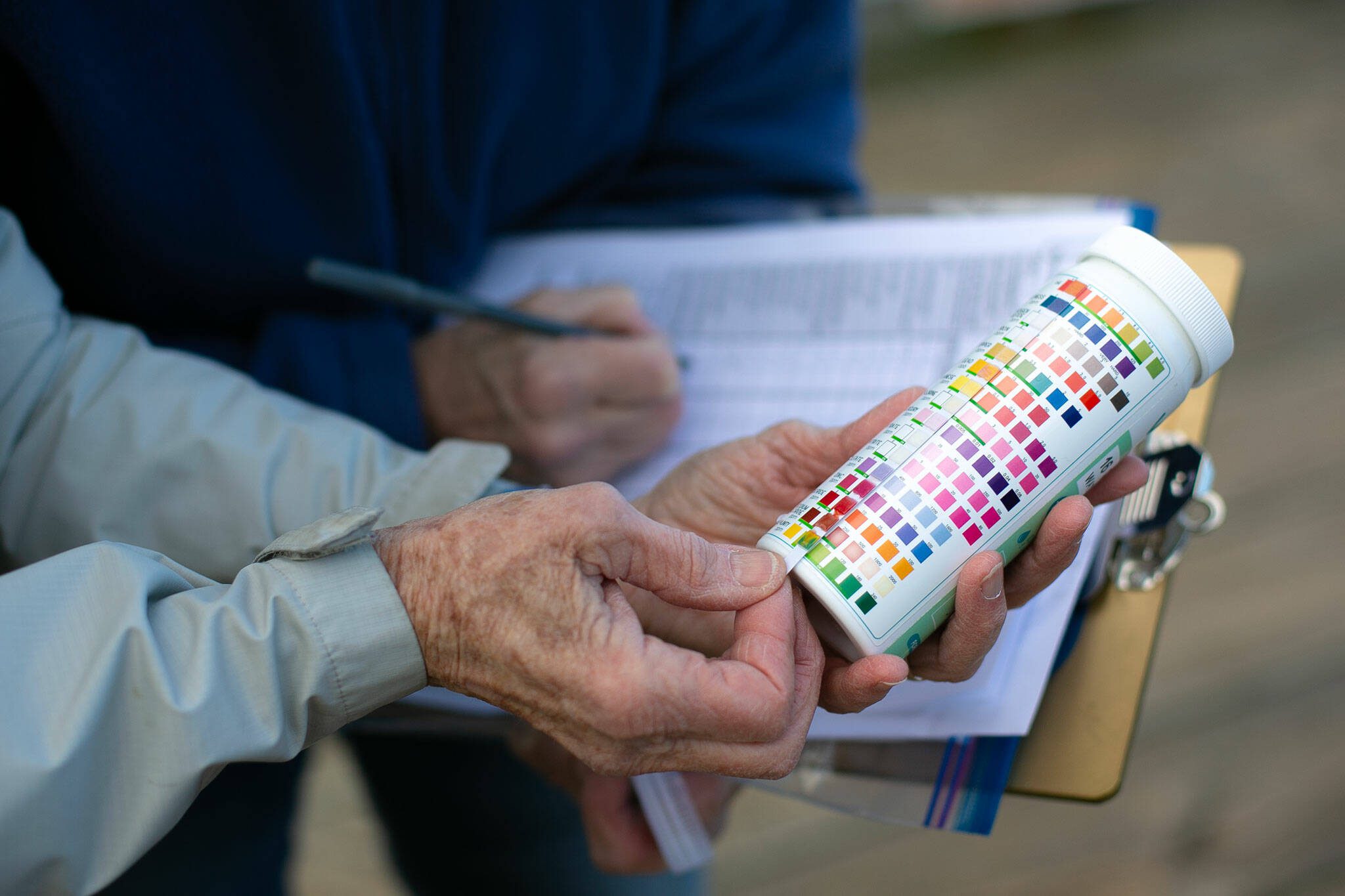 Lynn Lichtenberg and Claudia Douglass read a chemical test strip that is used to measure pollutants in water while conducting stormwater monitoring at the Port of Everett waterfront on Feb. 16 in Everett. (Ryan Berry / Herald file)