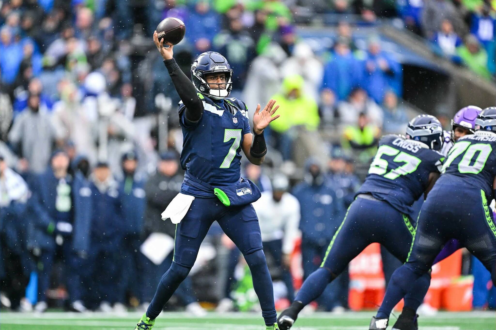 Seahawks  quarterback Geno Smith throws a pass against the Minnesota Vikings at Lumen Field on Dec. 22, 2024. (Photo courtesy of the Seattle Seahawks)