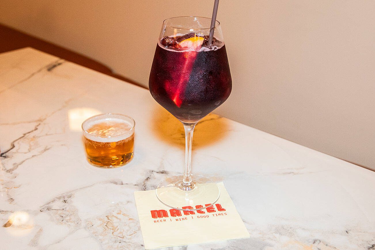 A wine spritz available at Marcel on Thursday, Dec. 19, 2024 in Everett, Washington. (Olivia Vanni / The Herald)